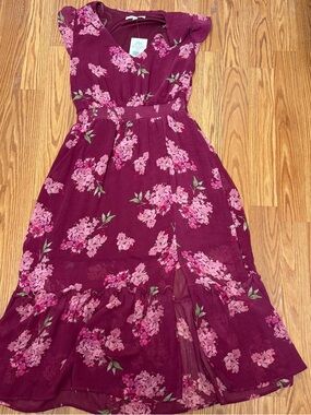 Rewind Burgundy/Sangria Maxi Dress with Pink Floral Print